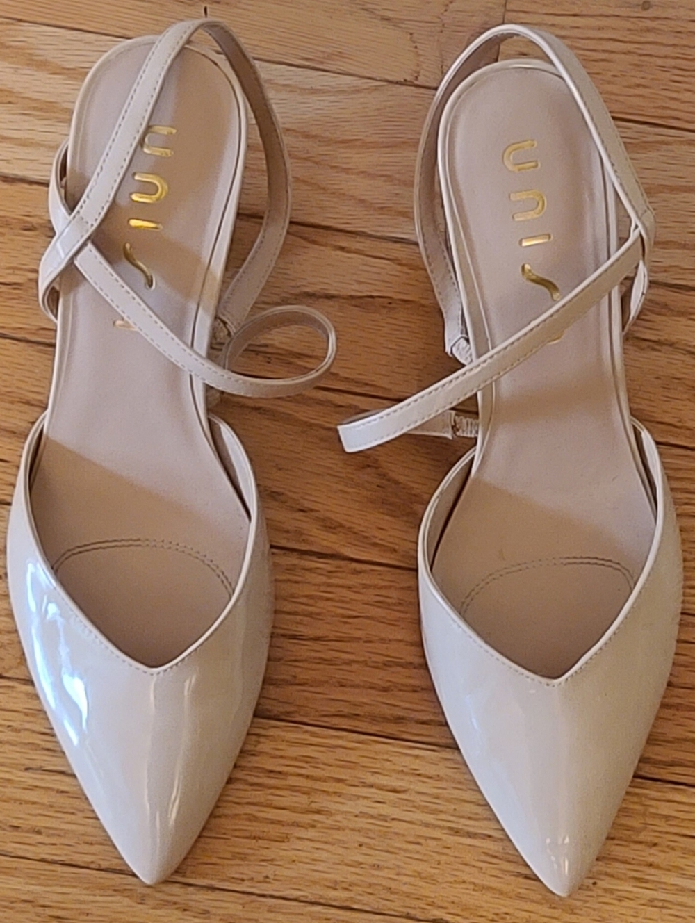 Unisa Cream Patent Pointed-Toe Slingback Heels